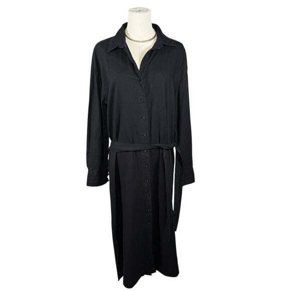 Banana Republic Linen Belted Shirt Dress Black Button Front Midi Long Sleeve | M - Picture 2 of 10